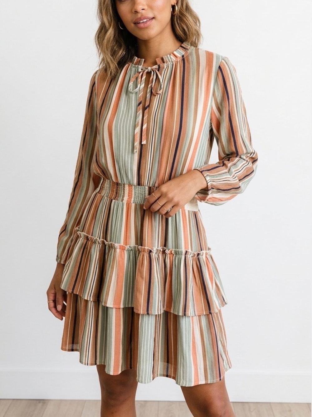 Striped Ruffle Tiered Mini Dress in Earth Tones